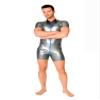 Black Short Sleeve Mens Latex T-Shirt Turn-Down Collar Rubber Catsuit,Black,S view 1