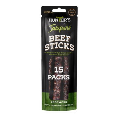 Hunters Droewors 15 x 40g of Jalapeno flavoured Droewors, High Protein, low carb, Thin sticks of authentic Beef Droewors, Gluten & MSG Free, Convenient Snack  Original Beef Sticks/Droewors