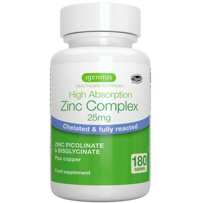 Igennus Clean Chelated Zinc Picolinate & Bisglycinate Complex 25mg with Copper, 6 Month Supply 180 Tablets, High Absorption & Lab Verified, Non-GMO, Supplement for Men & Women, Immune Support & Skin