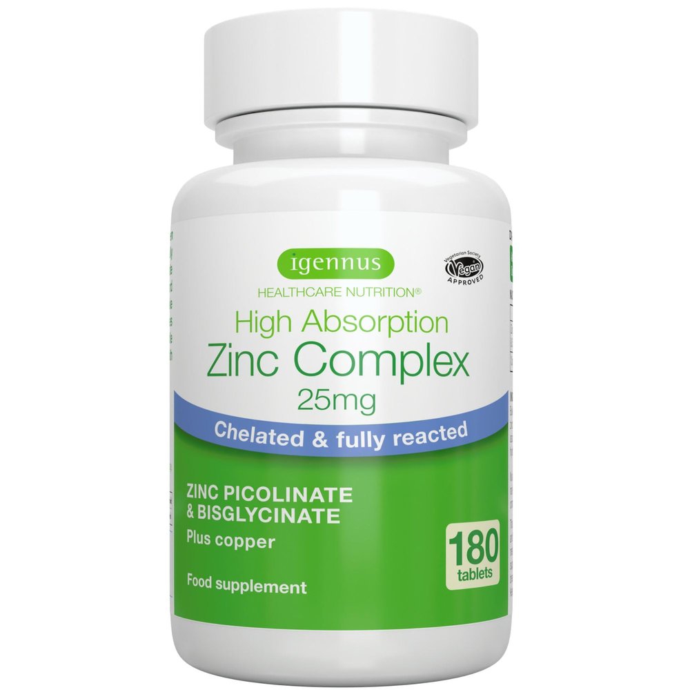 Igennus Clean Chelated Zinc Picolinate & Bisglycinate Complex 25mg with Copper, 6 Month Supply 180 Tablets, High Absorption & Lab Verified, Non-GMO, Supplement for Men & Women, Immune Support & Skin
