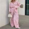 HYMCX Women 2 Piece Pleated Pants Set Floral Print Button Down Long Sleeve Shirt Blouses Tops Wide Leg Pants Streetwear (Color : Pink A, Size : S) view 2
