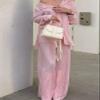 HYMCX Women 2 Piece Pleated Pants Set Floral Print Button Down Long Sleeve Shirt Blouses Tops Wide Leg Pants Streetwear (Color : Pink A, Size : S) view 3