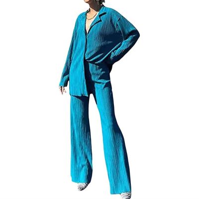 HYMCX Women 2 Piece Pleated Pants Set Floral Print Button Down Long Sleeve Shirt Blouses Tops Wide Leg Pants Streetwear (Color : Blue, Size : S)
