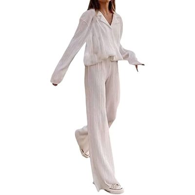 HYMCX Women 2 Piece Pleated Pants Set Floral Print Button Down Long Sleeve Shirt Blouses Tops Wide Leg Pants Streetwear (Color : White, Size : S)