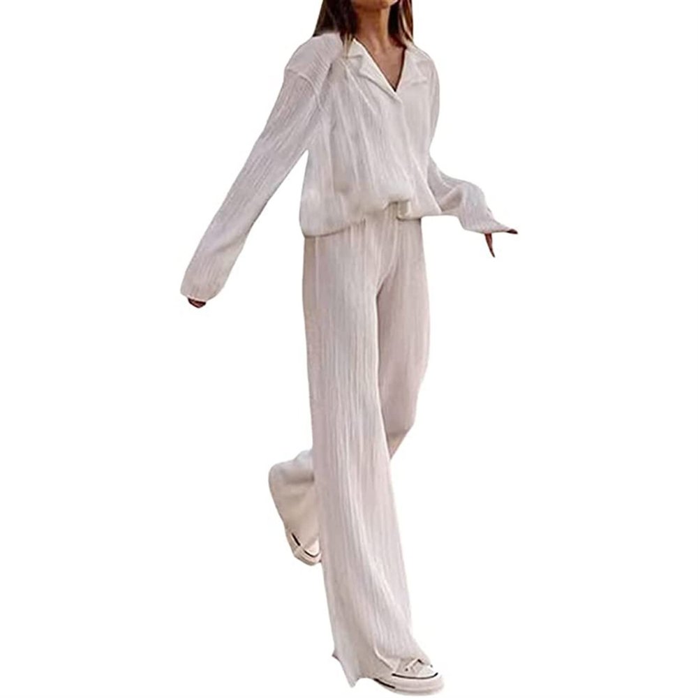HYMCX Women 2 Piece Pleated Pants Set Floral Print Button Down Long Sleeve Shirt Blouses Tops Wide Leg Pants Streetwear (Color : White, Size : S)