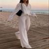 HYMCX Women 2 Piece Pleated Pants Set Floral Print Button Down Long Sleeve Shirt Blouses Tops Wide Leg Pants Streetwear (Color : White, Size : S) view 3