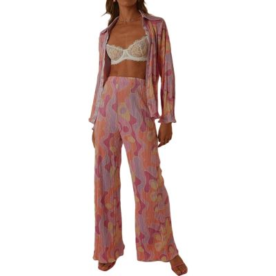 HYMCX Women 2 Piece Pleated Pants Set Floral Print Button Down Long Sleeve Shirt Blouses Tops Wide Leg Pants Streetwear (Color : Pink C, Size : M)