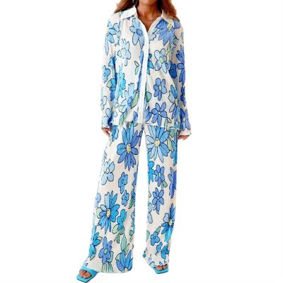 HYMCX Women 2 Piece Pleated Pants Set Floral Print Button Down Long Sleeve Shirt Blouses Tops Wide Leg Pants Streetwear (Color : Light blue B, Size : L)