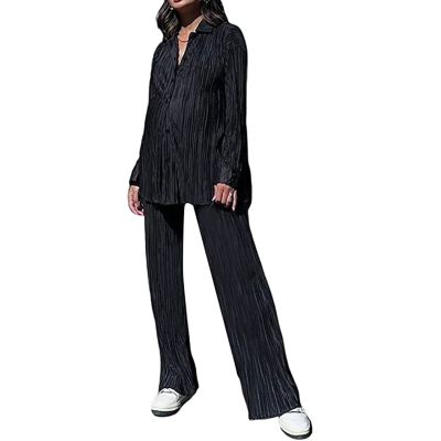 HYMCX Women 2 Piece Pleated Pants Set Floral Print Button Down Long Sleeve Shirt Blouses Tops Wide Leg Pants Streetwear (Color : Black, Size : S)