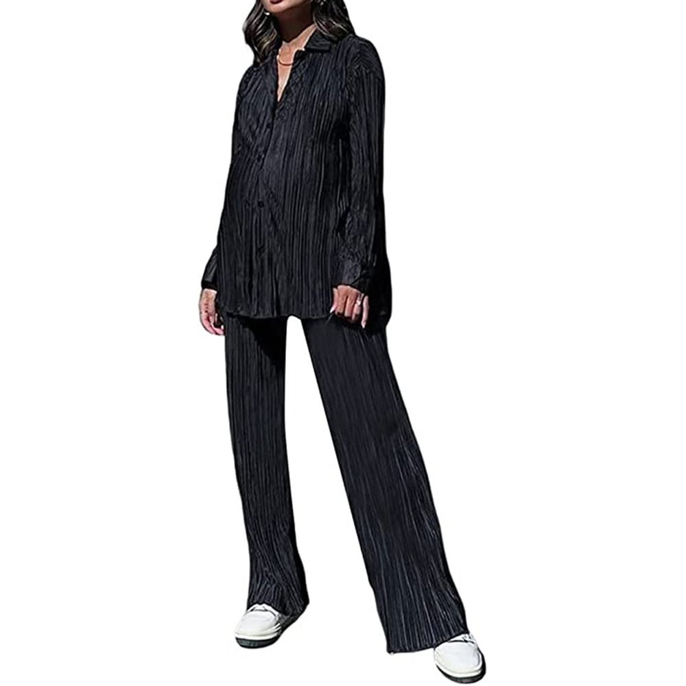HYMCX Women 2 Piece Pleated Pants Set Floral Print Button Down Long Sleeve Shirt Blouses Tops Wide Leg Pants Streetwear (Color : Black, Size : S)