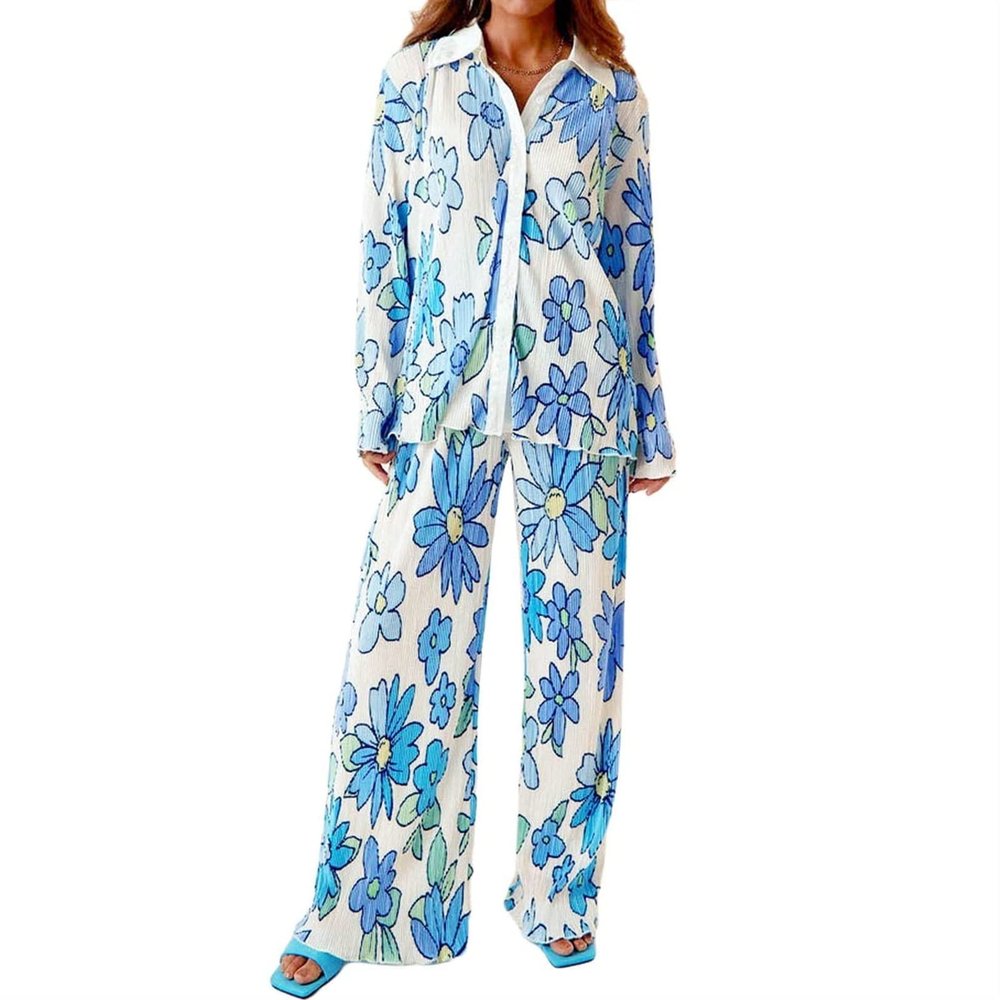 HYMCX Women 2 Piece Pleated Pants Set Floral Print Button Down Long Sleeve Shirt Blouses Tops Wide Leg Pants Streetwear (Color : Light blue B, Size : S)