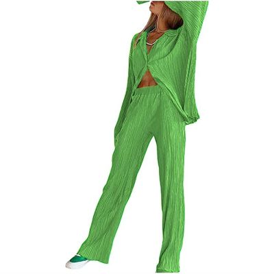 HYMCX Women 2 Piece Pleated Pants Set Floral Print Button Down Long Sleeve Shirt Blouses Tops Wide Leg Pants Streetwear (Color : Light green, Size : M)