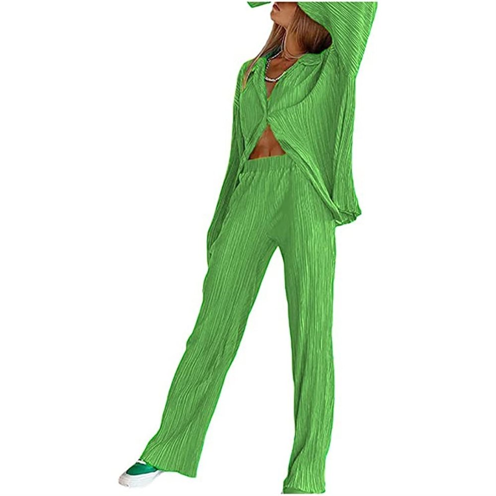 HYMCX Women 2 Piece Pleated Pants Set Floral Print Button Down Long Sleeve Shirt Blouses Tops Wide Leg Pants Streetwear (Color : Light green, Size : M)