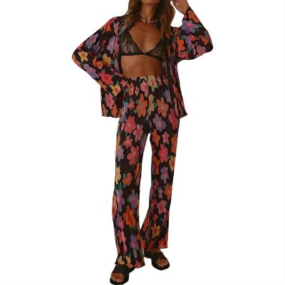 HYMCX Women 2 Piece Pleated Pants Set Floral Print Button Down Long Sleeve Shirt Blouses Tops Wide Leg Pants Streetwear (Color : Black B, Size : M)