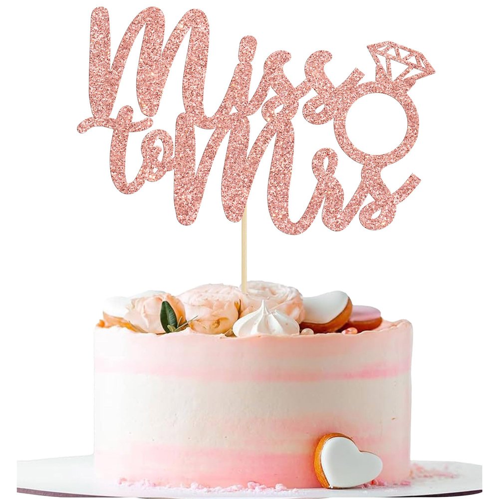1Pc Miss to Mrs Cake Topper Rose Gold Glitter Wedding Bridal Shower with Ring Cake Decorations for Bridal Shower Wedding Engagement Bachelorette Party Supplies