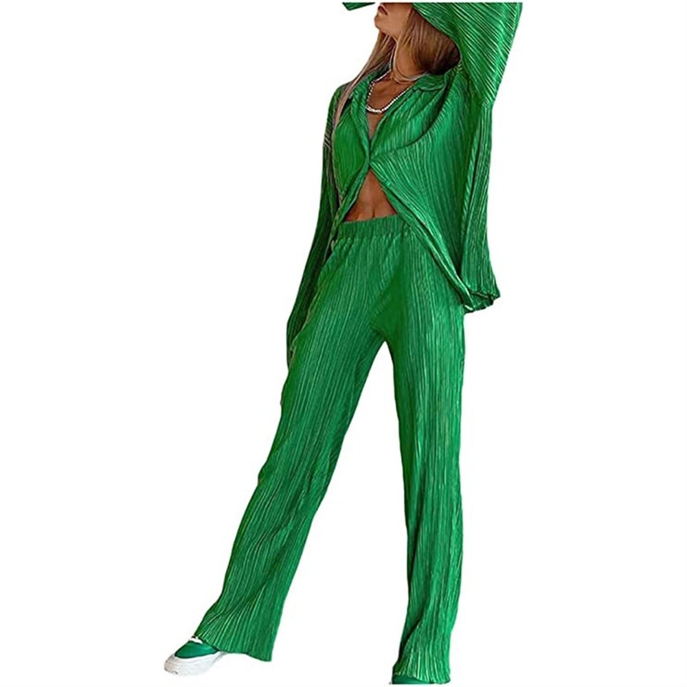 HYMCX Women 2 Piece Pleated Pants Set Floral Print Button Down Long Sleeve Shirt Blouses Tops Wide Leg Pants Streetwear (Color : Dark green, Size : S)