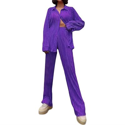 HYMCX Women 2 Piece Pleated Pants Set Floral Print Button Down Long Sleeve Shirt Blouses Tops Wide Leg Pants Streetwear (Color : Purple, Size : L)