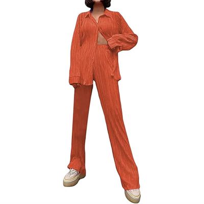 HYMCX Women 2 Piece Pleated Pants Set Floral Print Button Down Long Sleeve Shirt Blouses Tops Wide Leg Pants Streetwear (Color : Orange, Size : S)