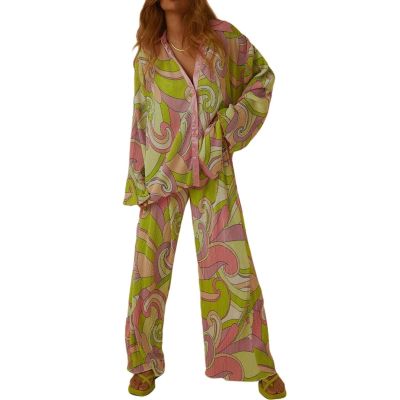 HYMCX Women 2 Piece Pleated Pants Set Floral Print Button Down Long Sleeve Shirt Blouses Tops Wide Leg Pants Streetwear (Color : Light green B, Size : M)