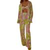 HYMCX Women 2 Piece Pleated Pants Set Floral Print Button Down Long Sleeve Shirt Blouses Tops Wide Leg Pants Streetwear (Color : Light green B, Size : M) view 2