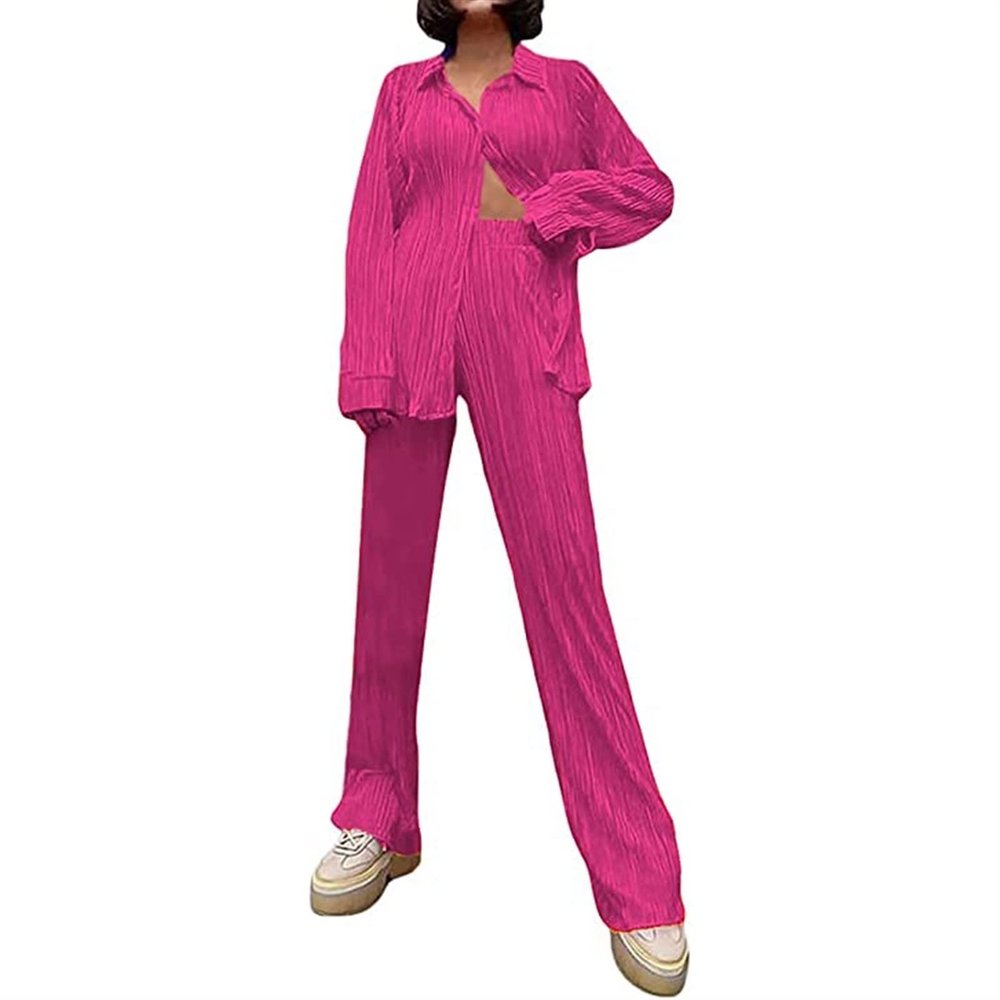 HYMCX Women 2 Piece Pleated Pants Set Floral Print Button Down Long Sleeve Shirt Blouses Tops Wide Leg Pants Streetwear (Color : Pink B, Size : S)