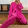 HYMCX Women 2 Piece Pleated Pants Set Floral Print Button Down Long Sleeve Shirt Blouses Tops Wide Leg Pants Streetwear (Color : Pink B, Size : S) view 2