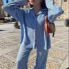 HYMCX Women 2 Piece Pleated Pants Set Floral Print Button Down Long Sleeve Shirt Blouses Tops Wide Leg Pants Streetwear (Color : Light blue, Size : M) view 2