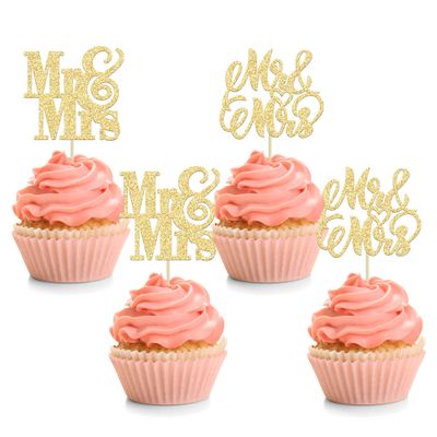 24Pcs Gold Glitter Mr & Mrs Cupcake Toppers Love Mr Mrs Bridal Shower Cupcake Picks Wedding Engagement Birthday Party Cake Decorations Supplies