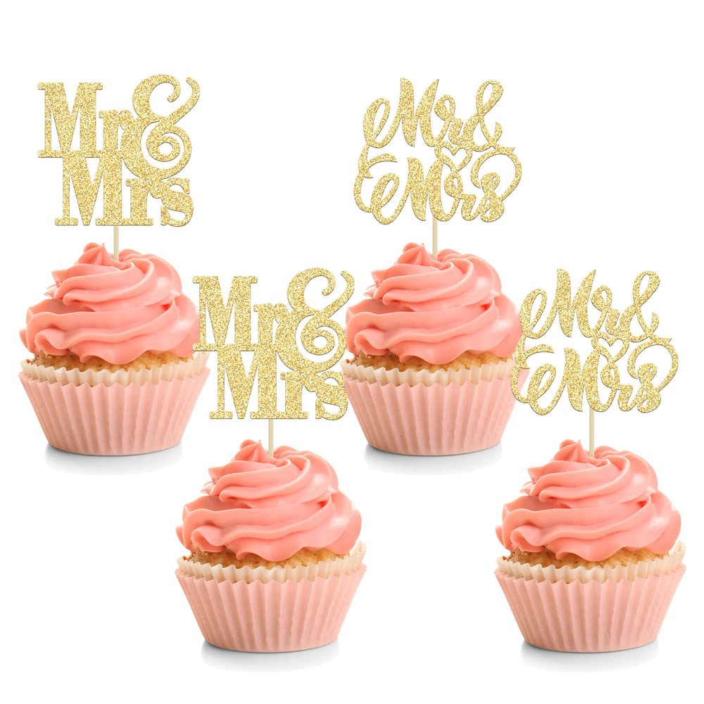 24Pcs Gold Glitter Mr & Mrs Cupcake Toppers Love Mr Mrs Bridal Shower Cupcake Picks Wedding Engagement Birthday Party Cake Decorations Supplies