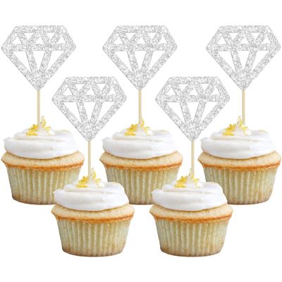24Pcs Diamond Ring Cupcake Toppers Silver Glitter Diamond Wedding Ring Cupcake Picks for Marriage Engagement Anniversary Valentines Party Cake Decorations Supplies