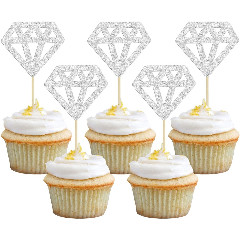 24Pcs Diamond Ring Cupcake Toppers Silver Glitter Diamond Wedding Ring Cupcake Picks for Marriage Engagement Anniversary Valentines Party Cake Decorations Supplies