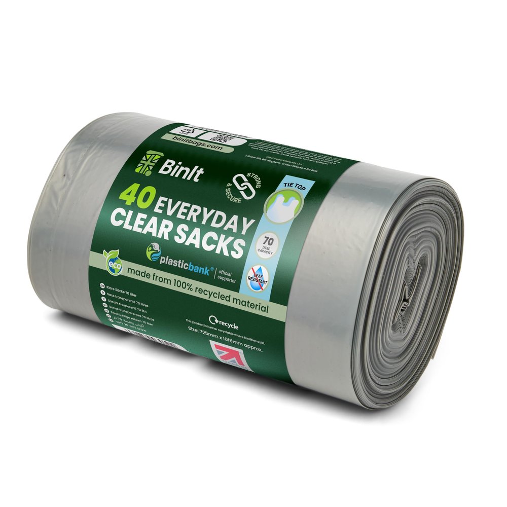 BIN IT 40 Clear Large 70L Strong & Secure, Tie Top, Recycling Sacks, Bin Bags, Bin Liners, Refuse Sacks, Recycled, Tear Resistant, 120 Gauge - 30 m, Perfect for Everyday Use