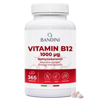 Bandini Vitamin B12 High Strength | 365 Vegan Tablets for 1 Year's Supply | 1000 g/mcg Methylcobalamin VIT B 12 | Energy Boost, Tiredness, Fatigue, Immunity Support | Non GMO, Laboratory Tested