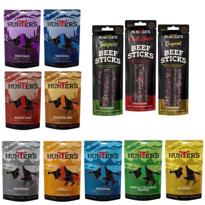 Hunters Beef Snack 12 Pack Combo  28g Biltong, 28g Jerky, 40g Beef Sticks Droewors, High Protein, low carb, Thin sticks of authentic Droewors, Convenient Snack