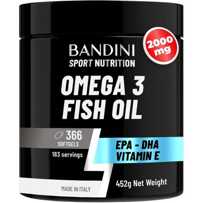 Bandini Omega 3 | 6 Months Supply, 366 Softgels | 2000 mg Fish Oil with 360 mg EPA, 240 mg DHA & 6,8 mg Vitamin E per Serving | High Strength Omega-3 Fatty Acids Capsules for Eyes, Brain & Heart