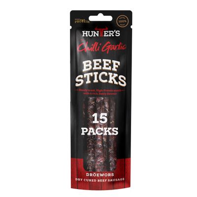 Hunters Droewors 15 x 40g Chilli Garlic Beef Sticks Droewors High Protein, low carb, Thin sticks of authentic Beef Droewors, Convenient Snack - Chilli Garlic Droewors