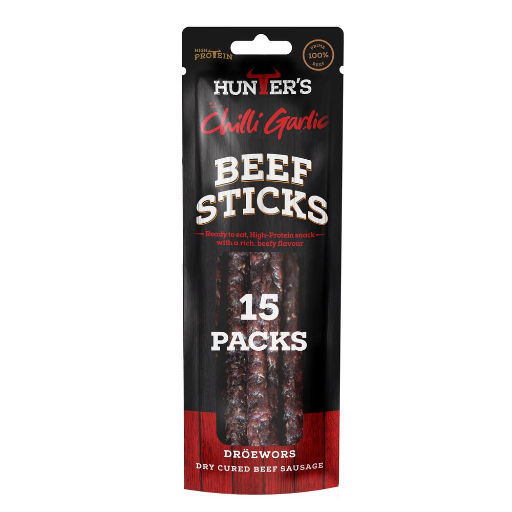 Hunters Droewors 15 x 40g Chilli Garlic Beef Sticks Droewors High Protein, low carb, Thin sticks of authentic Beef Droewors, Convenient Snack - Chilli Garlic Droewors