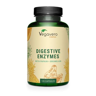 Vegavero Digestive Enzyme Supplements | 100% Plant-Based | with Bromelain, Papain, Amylase, Lipase, Cellulase and Calcium (Aquamin) | NO Additives, Lab-Tested | 120 Capsules | Vegan