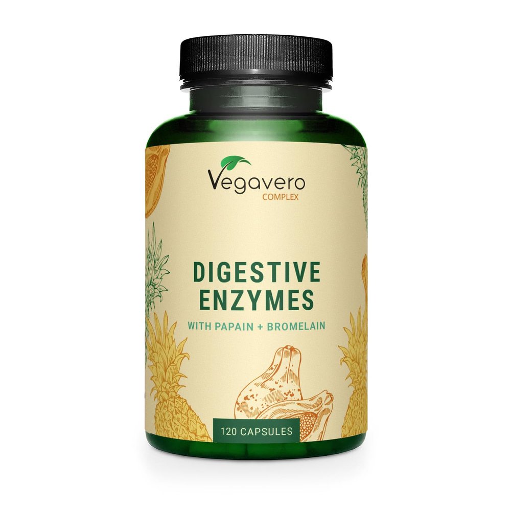 Vegavero Digestive Enzyme Supplements | 100% Plant-Based | with Bromelain, Papain, Amylase, Lipase, Cellulase and Calcium (Aquamin) | NO Additives, Lab-Tested | 120 Capsules | Vegan