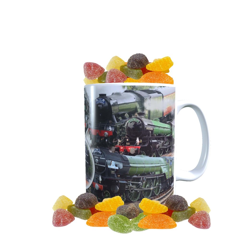 Classic Iconic Steam Locomotive Trains Mug with Choice of Sweets Gift