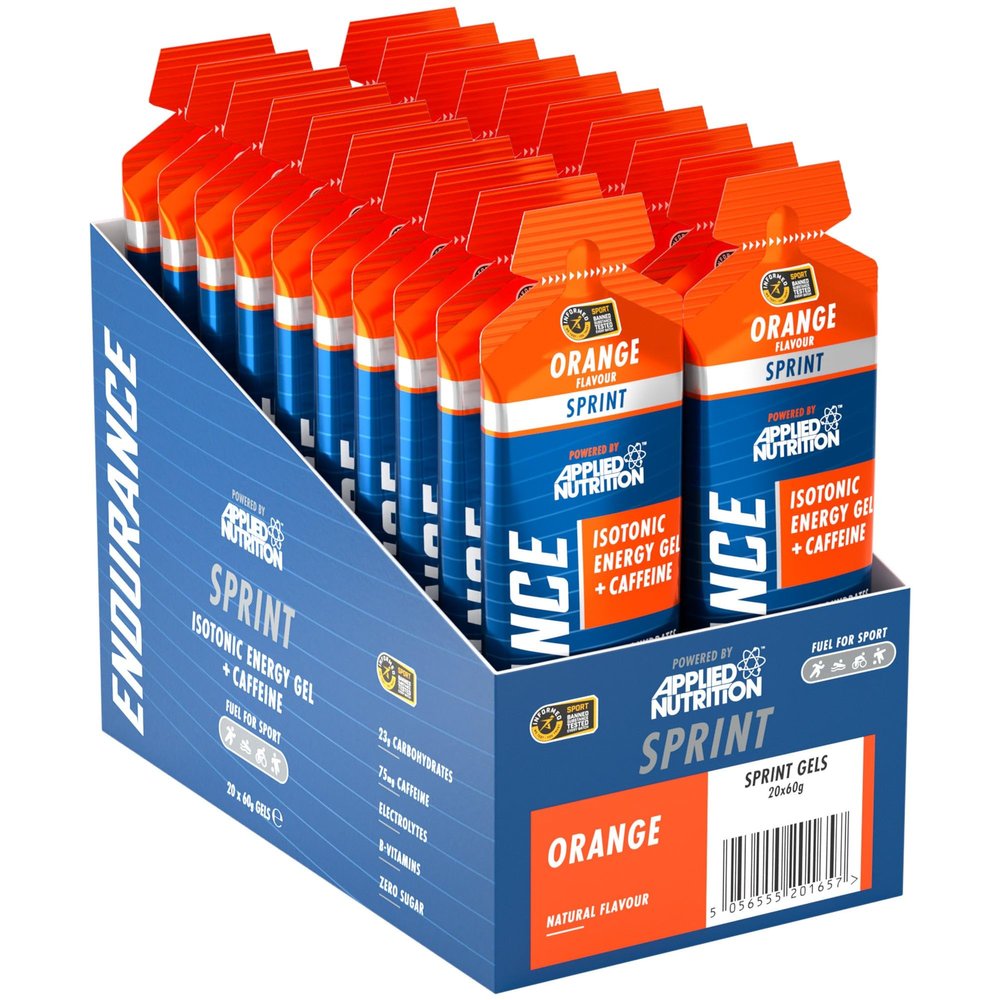 Sprint | Energy Gel with Caffeine | Easy to Digest | Improves Alertness & Concentration | Zero Fat Zero Sugar | 23g Carbohydrates + Electrolytes & B-Vitamins (Pack of 20 x 60 gram) (Orange)