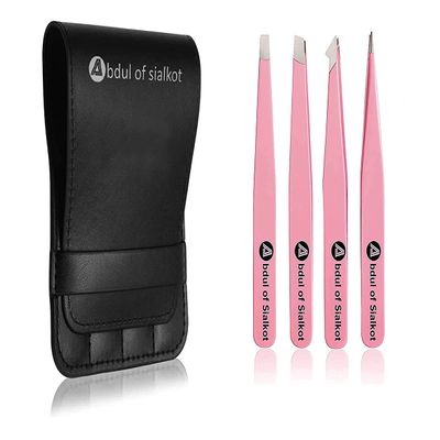 Abdul of Sialkot Eyebrow Tweezer Set for Women & Men,Professional Slant and Pointed Tweezers Set with Case,Precision Tweezers Kit for Facial Hair, Splinter and Ingrown Hair Removal (Pink 4 Piece)