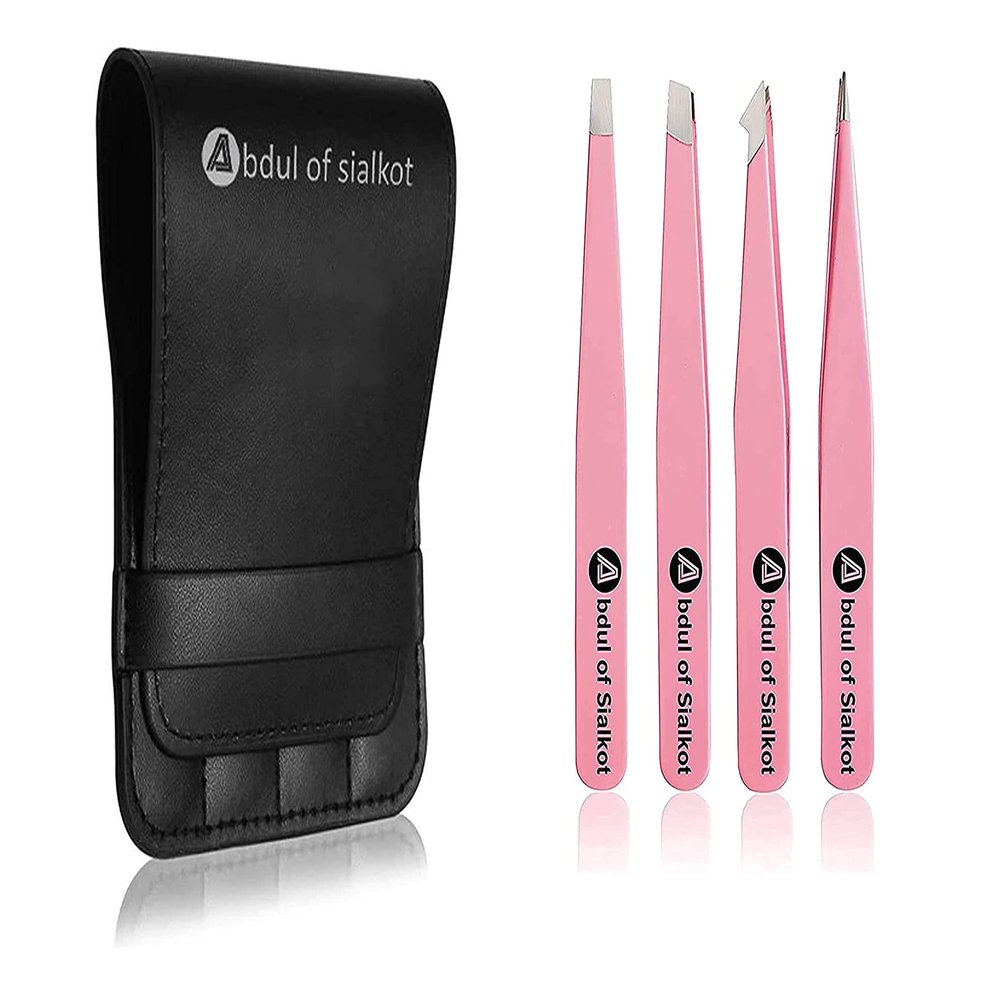 Abdul of Sialkot Eyebrow Tweezer Set for Women & Men,Professional Slant and Pointed Tweezers Set with Case,Precision Tweezers Kit for Facial Hair, Splinter and Ingrown Hair Removal (Pink 4 Piece)