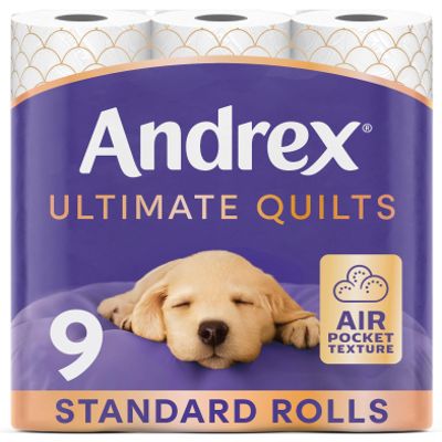 Andrex Ultimate Quilts Toilet Paper 9 Rolls, Air Pocket Technology for Soft, Thick Sheets -Pack of 9 Quilted Toilet Rolls, FSC Certified