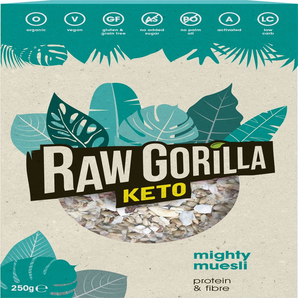 Raw Gorilla Keto Mighty Muesli 1 Pack of 250g | Low Sugar, Vegan, No Added Sugar, Low Carb 4g Net Carbs, Plant Based Breakfast Cereal with Activated Nuts, Grain & Gluten Free