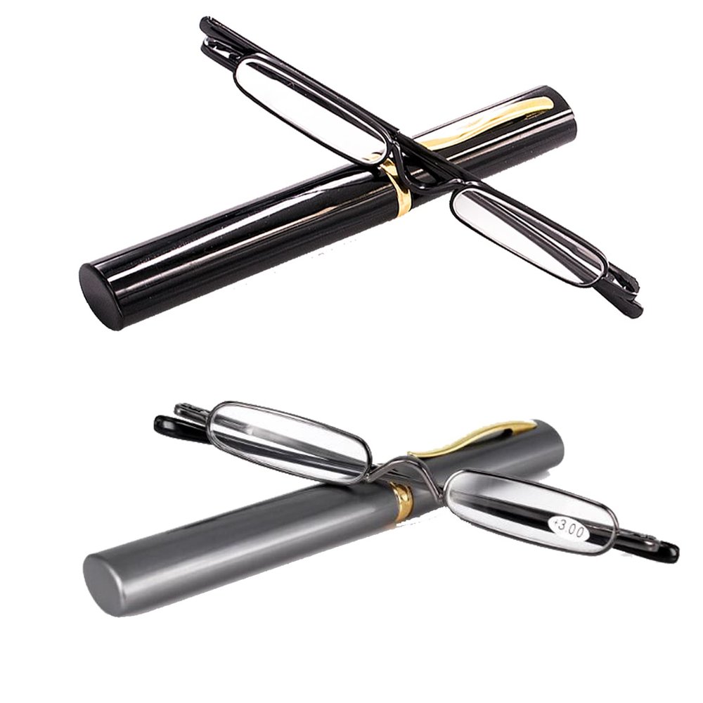 MMOWW 2 Pair Mini Compact Reading Glasses for Men Women - Superlight Metal Pocket Readers with Portable Pen Cases (Black/Gunmetal +2.75)