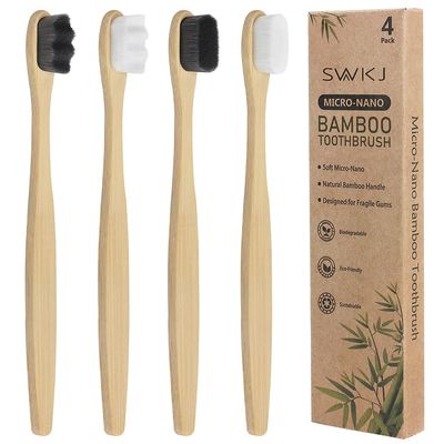 4 Pcs Soft Bamboo Micro-Nano Toothbrushes, Extra Soft Toothbrush with 20000 Bristles Designed for Sensitive Gums Kids Adults (White and Grey Bristles)