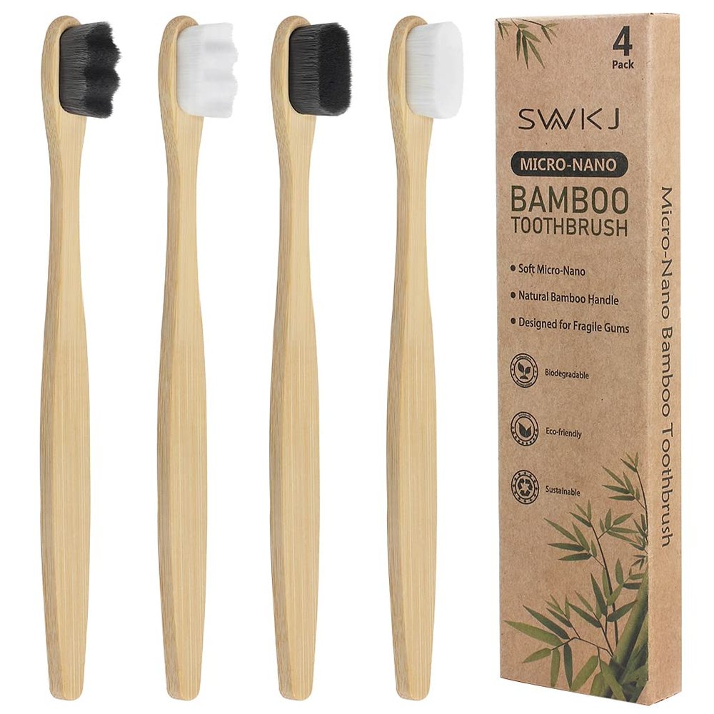 4 Pcs Soft Bamboo Micro-Nano Toothbrushes, Extra Soft Toothbrush with 20000 Bristles Designed for Sensitive Gums Kids Adults (White and Grey Bristles)