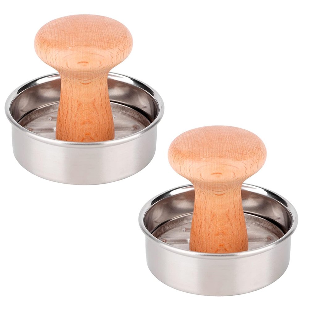 2pcs Burger Patty Maker Meat Press, Stainless Steel Meat Press Mold with Wood Handle, 2 in 1 Round Tray & Press Tool, Manual Pressure Meat Pie Burger Machine, 3.1inch Mini Burger Press