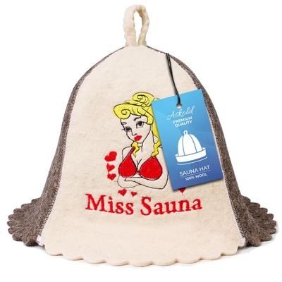 ASKOLD Wool Sauna Cap for Women to Protect Hair - Embroidered Miss Sauna, Finnish Felt Hat, Banya Hat, White and Grey, 7.625